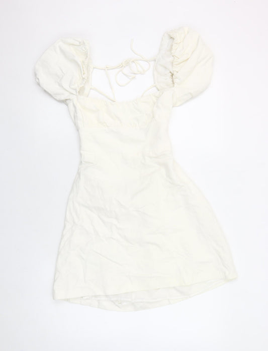 Zara Women’s Ivory Mini Puff Sleeve Square Neck Dress Size 14