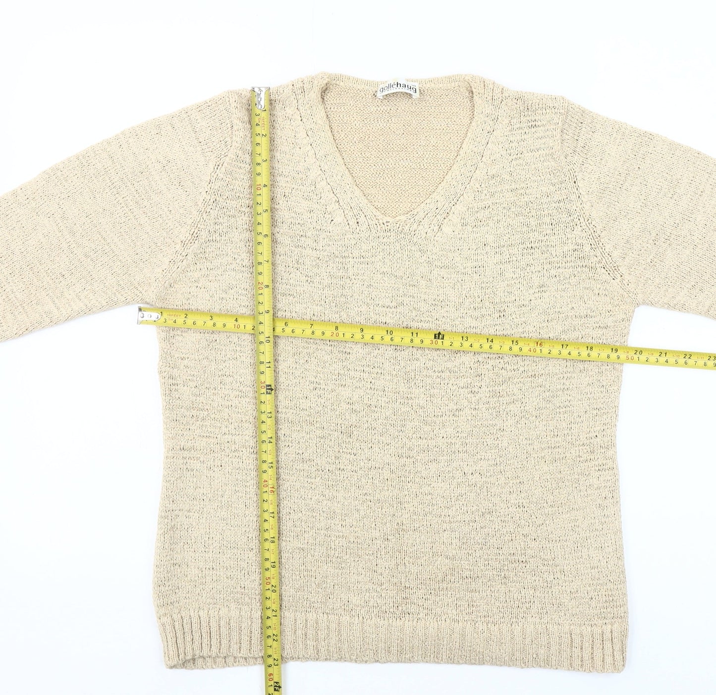 Gollehaug Womens Beige V-Neck Pullover Jumper Size 10 Knit