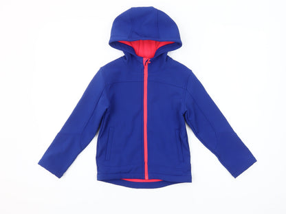 Additional front view of Zakti boys’ blue softshell hooded jacket coat 5-6y water resistant