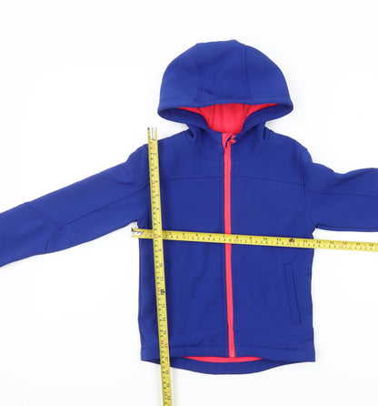 Back view of Zakti boys’ blue softshell hooded jacket coat 5-6y water resistant
