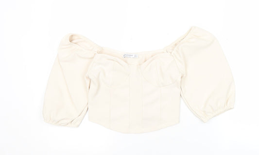 Stradivarius Women Ivory Cropped Puff Sleeve Blouse Size 8