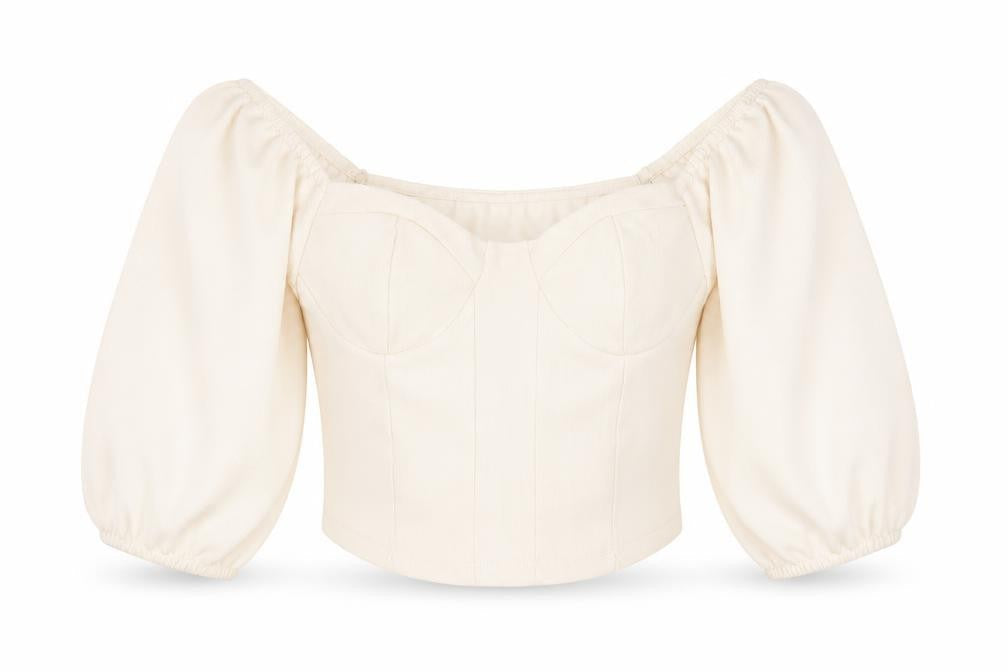 Stradivarius Women Ivory Cropped Puff Sleeve Blouse Size 8