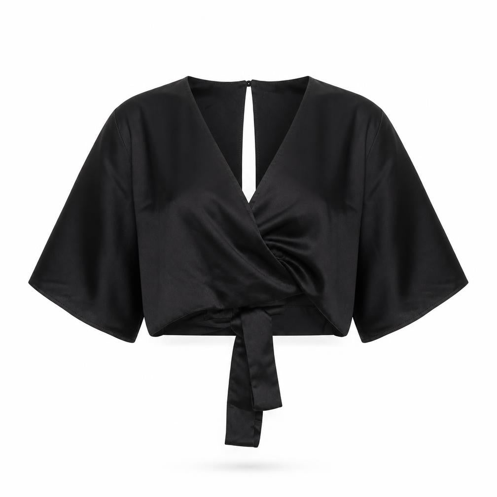 Front view of Atmosphere Women’s Black Wrap Satin Blouse, size UK 16, Kimono Sleeve