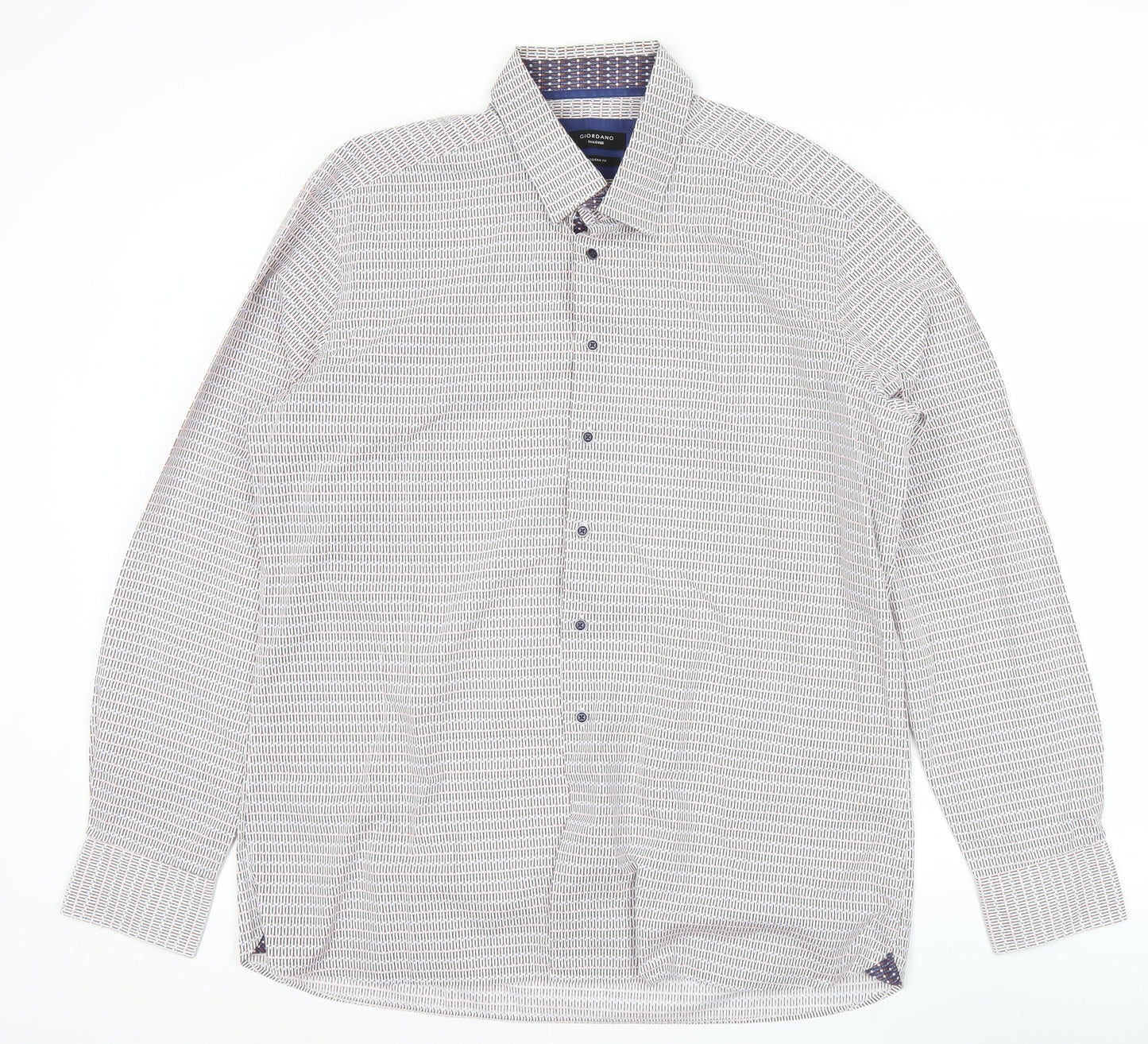 Giordano Men’s White Geometric Print XL Long Sleeve Cotton Shirt