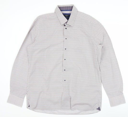 Giordano Men’s White Geometric Print XL Long Sleeve Cotton Shirt