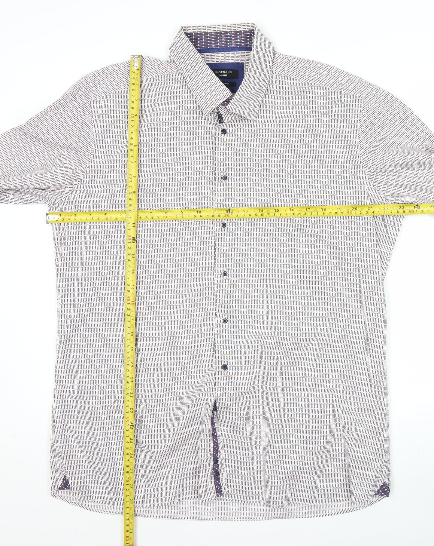 Giordano Men’s White Geometric Print XL Long Sleeve Cotton Shirt