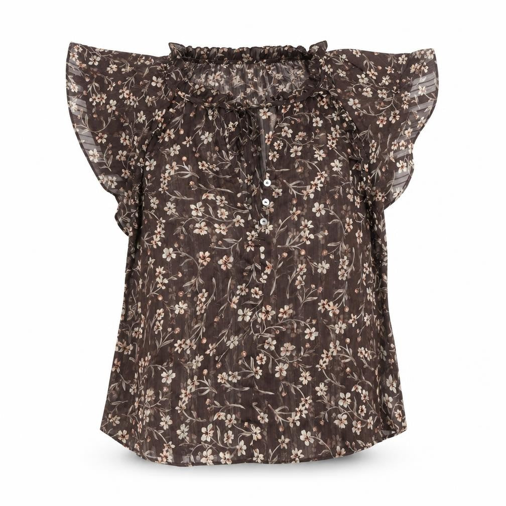 H&M Womens Brown Floral Chiffon Blouse Size 8 Flutter Sleeve