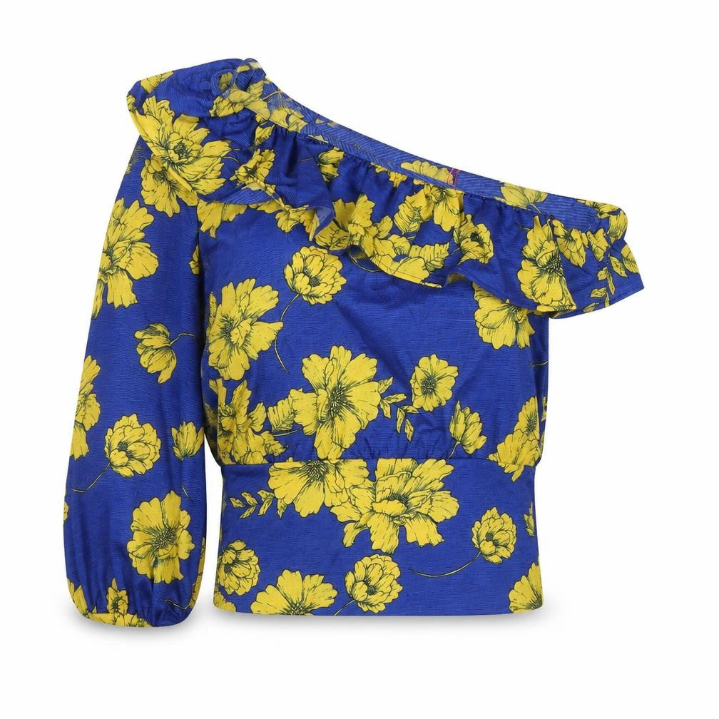 Savida Womens Blue Yellow Floral One Shoulder Blouse Size 12