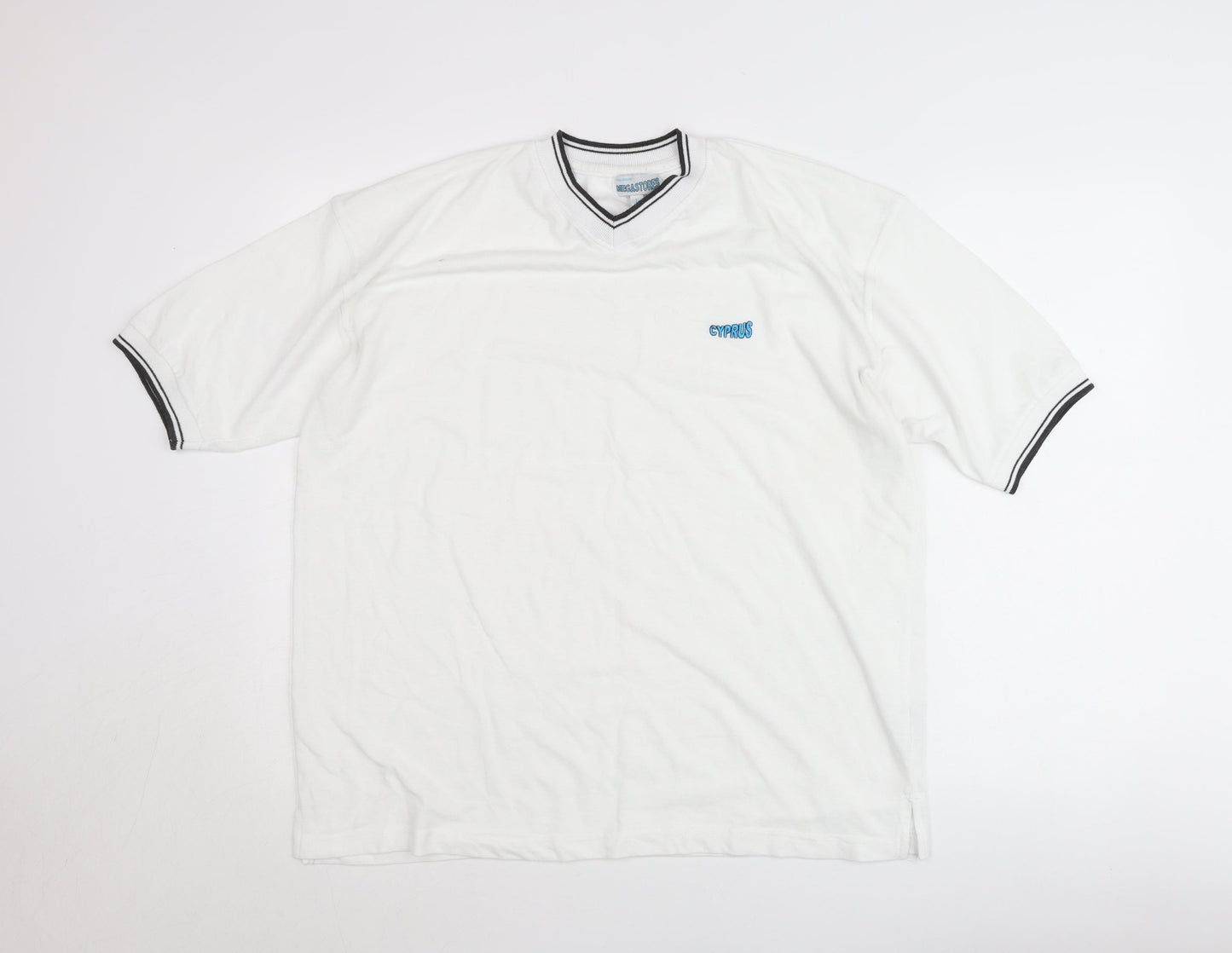 Megastores Men White L V-Neck Cyprus Logo T-Shirt Short Sleeve
