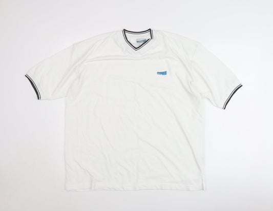 Megastores Men White L V-Neck Cyprus Logo T-Shirt Short Sleeve