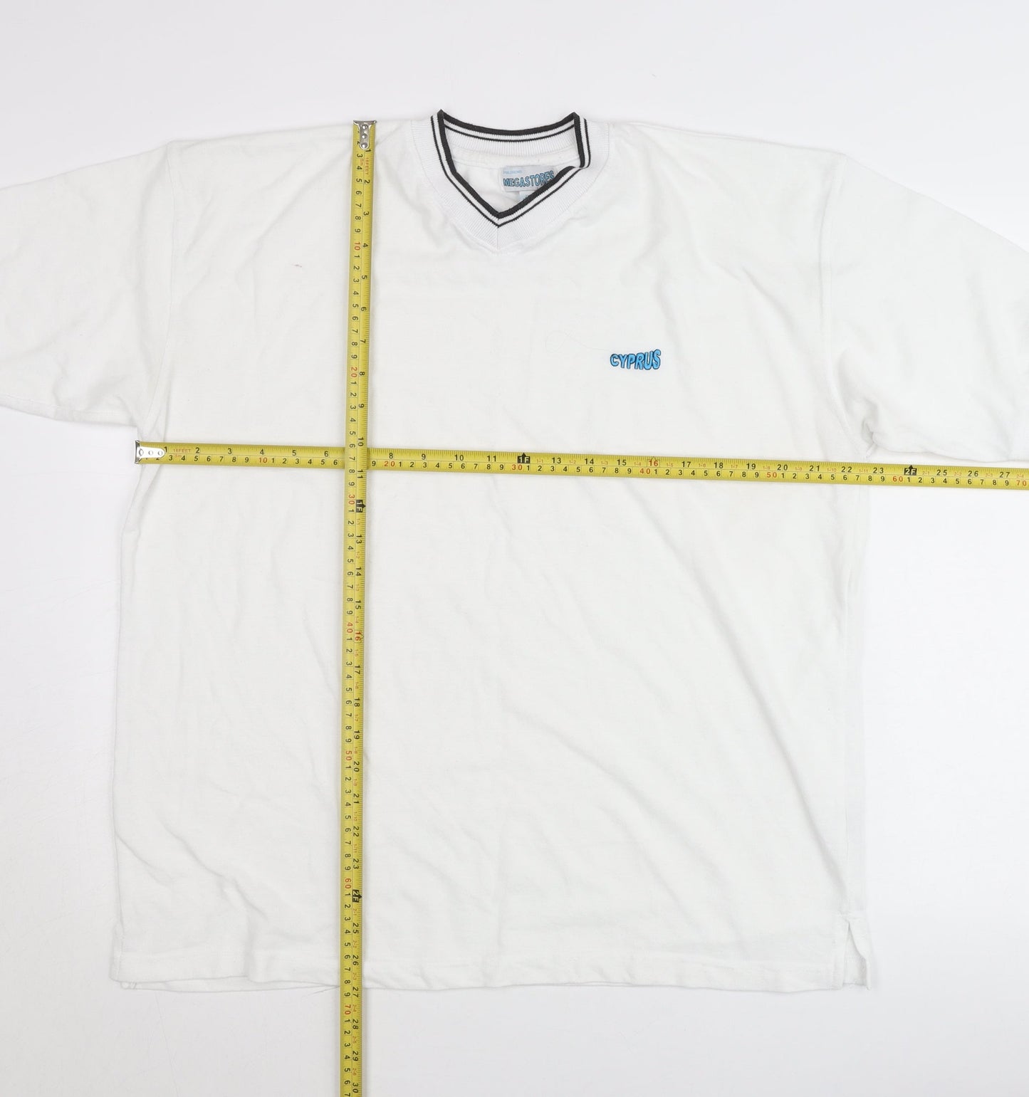 Megastores Men White L V-Neck Cyprus Logo T-Shirt Short Sleeve