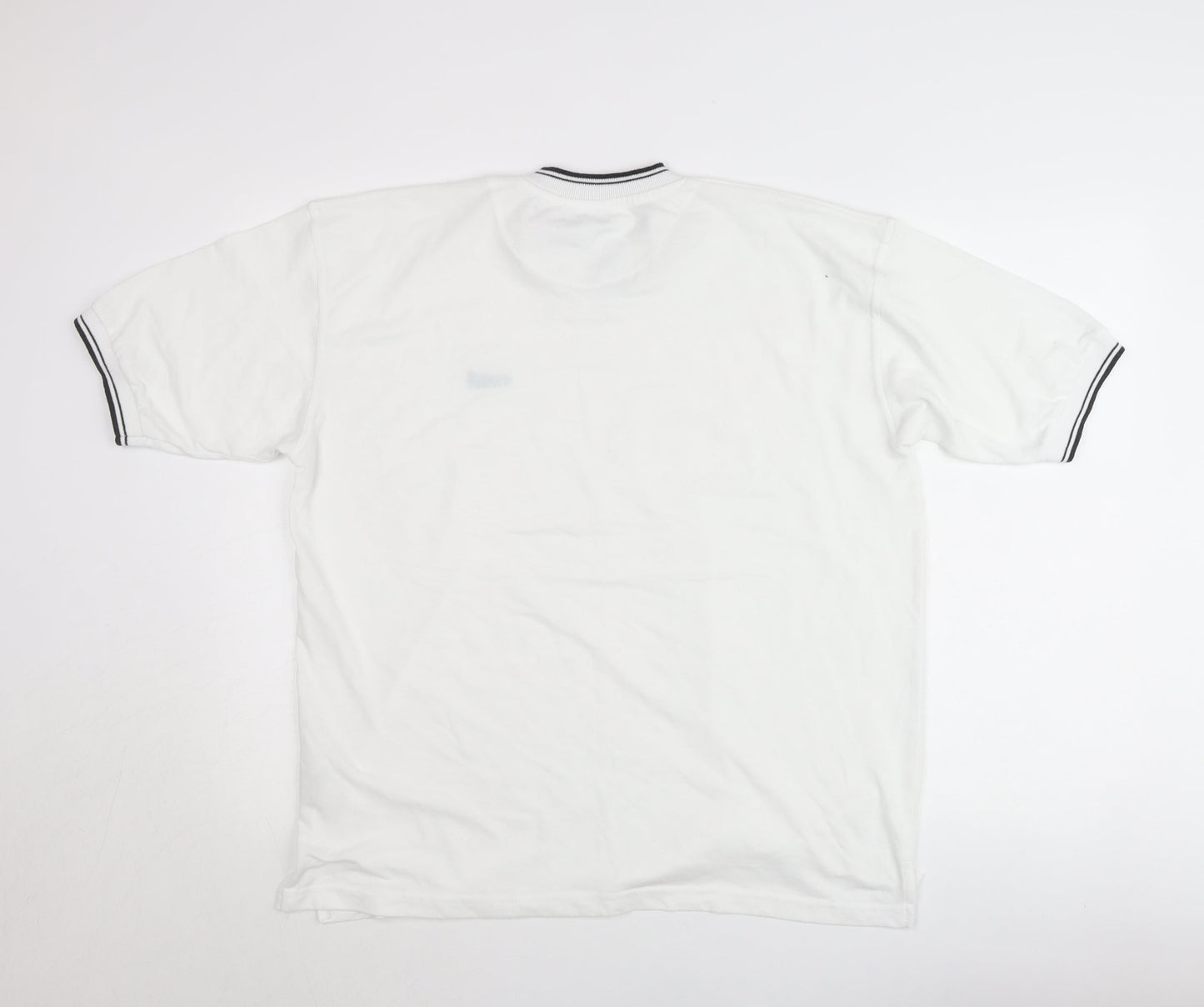 Megastores Men White L V-Neck Cyprus Logo T-Shirt Short Sleeve