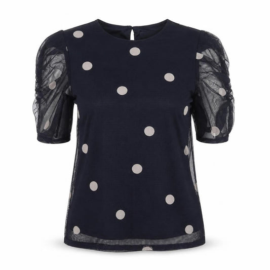 Front view of Principles women’s black polka dot blouse, size UK 10, puff sleeve