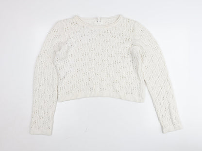 Additional front view of Object women’s white cotton open-knit jumper, size L