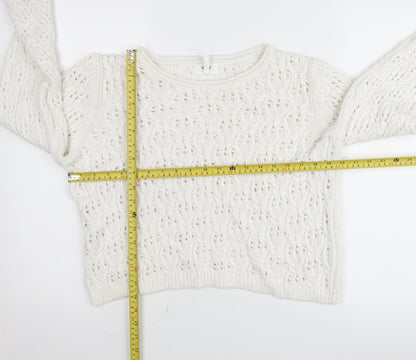 Back view of Object women’s white cotton open-knit jumper, size L