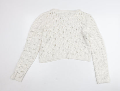 Close-up detail of Object women’s white cotton open-knit jumper, size L