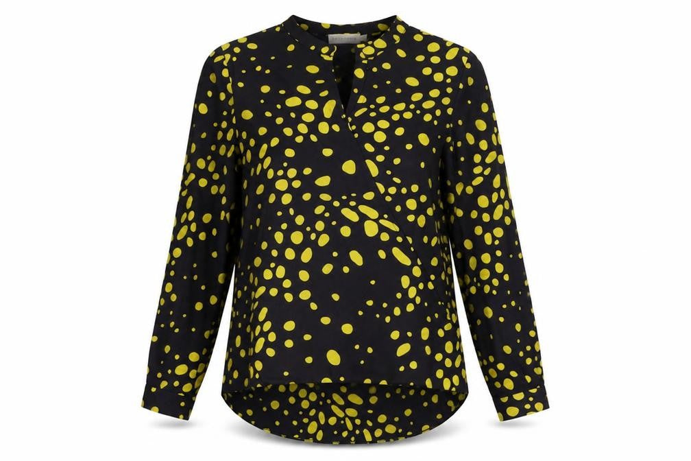 Paraphrase Women’s Black Yellow Polka Dot Blouse L 14 Tunic Long Sleeve