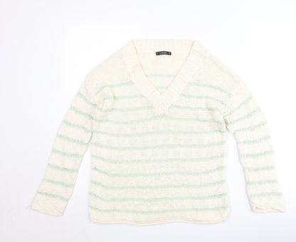 Additional front view of Dunnes Women’s Ivory Green Striped V-Neck jumper, size S