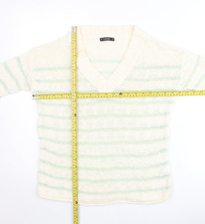Back view of Dunnes Women’s Ivory Green Striped V-Neck jumper, size S