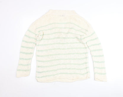 Close-up detail of Dunnes Women’s Ivory Green Striped V-Neck jumper, size S