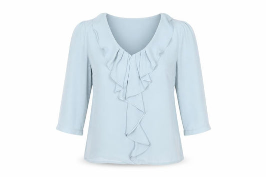 H&M Women Blue Ruffle V-Neck Blouse Size 6 Tunic 3/4 Sleeve Polyester
