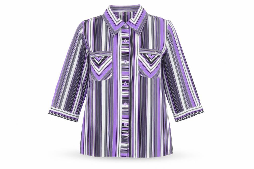 Domitex Women’s Purple Striped Button-Up Shirt Size 12 3/4 Sleeve
