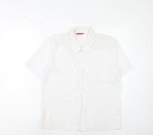 Elegant Collection Womens White Size 14 Button-Up Embroidered Shirt