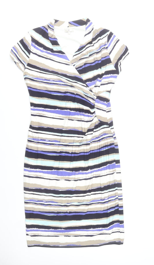 CC Women’s L Striped V-Neck Wrap Dress Short Sleeve Knee Length