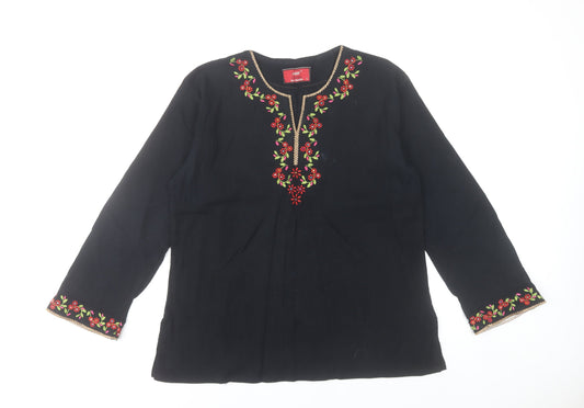 GHE Collection Women’s Black Tunic Blouse L Embroidered Floral Bohemian