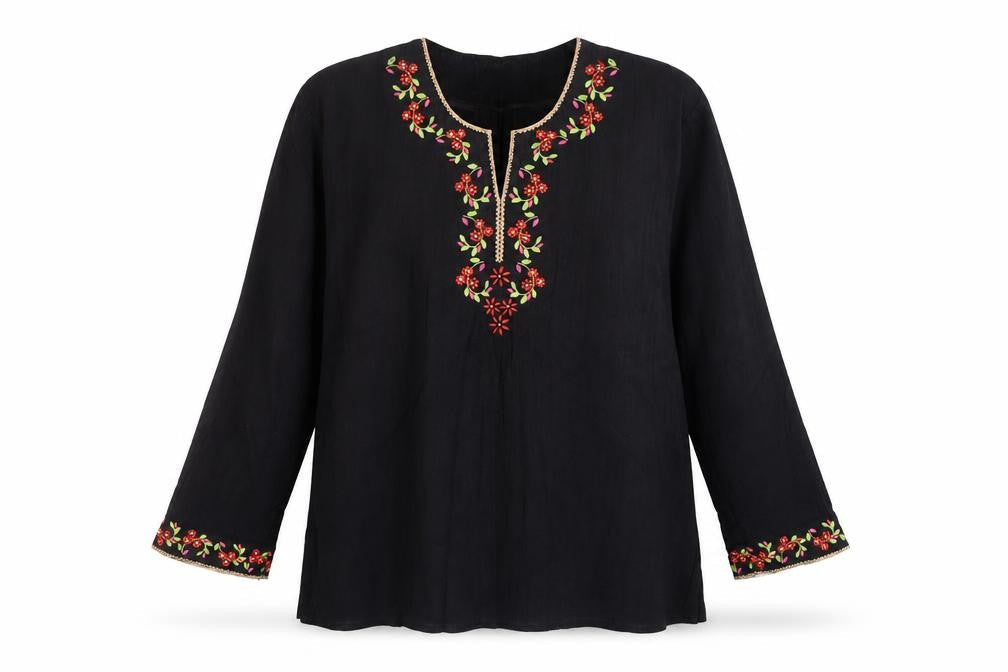 GHE Collection Women’s Black Tunic Blouse L Embroidered Floral Bohemian