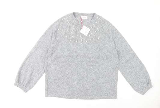 Savida Women’s Grey Beaded Pullover Jumper Size 14 Regular Knit