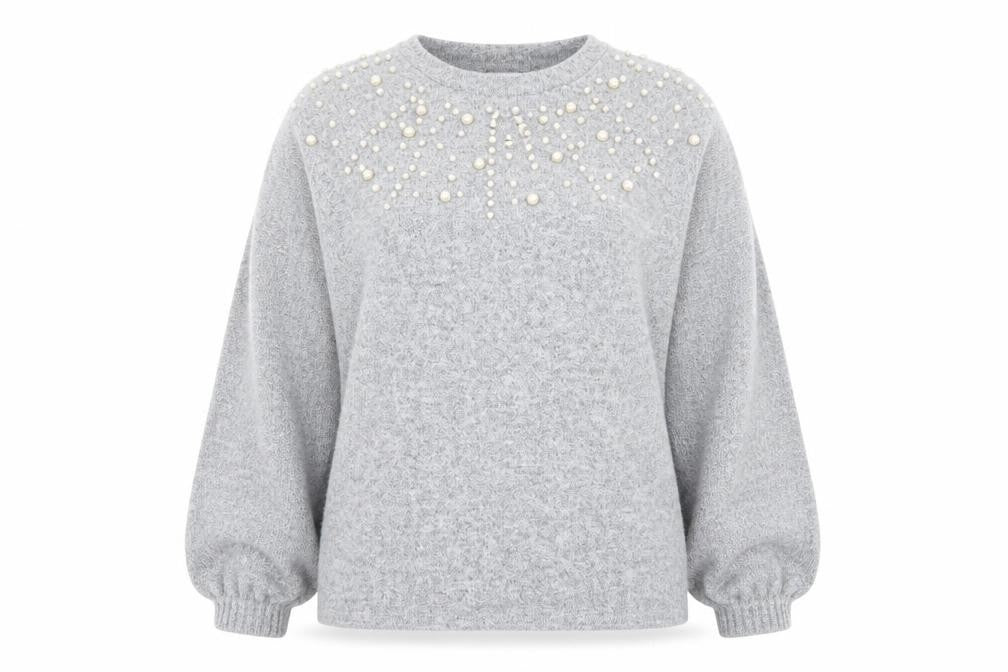 Savida Women’s Grey Beaded Pullover Jumper Size 14 Regular Knit