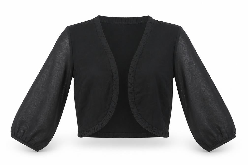Savida Women Black Cropped Blouse L Ruffle Open Front 3/4 Sleeve