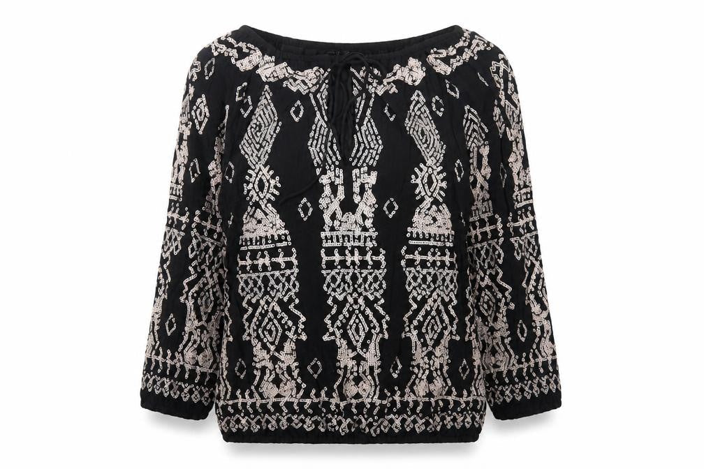 Joanna Hope Womens Black Sequin Beaded Blouse Size 10 Bohemian 3/4 Sleeve