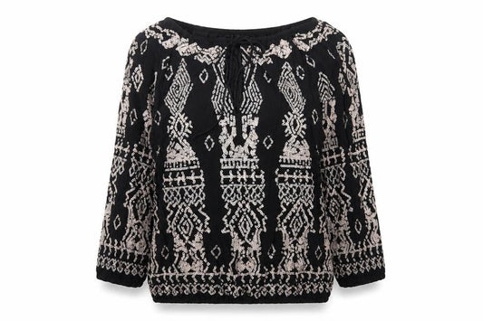 Joanna Hope Womens Black Sequin Beaded Blouse Size 10 Bohemian 3/4 Sleeve