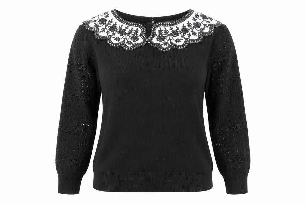 Monsoon Women’s Black Embroidered Pullover Jumper M 3/4 Sleeve