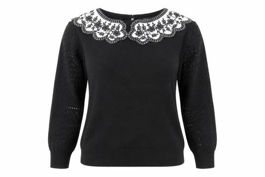 Monsoon Women’s Black Embroidered Pullover Jumper M 3/4 Sleeve