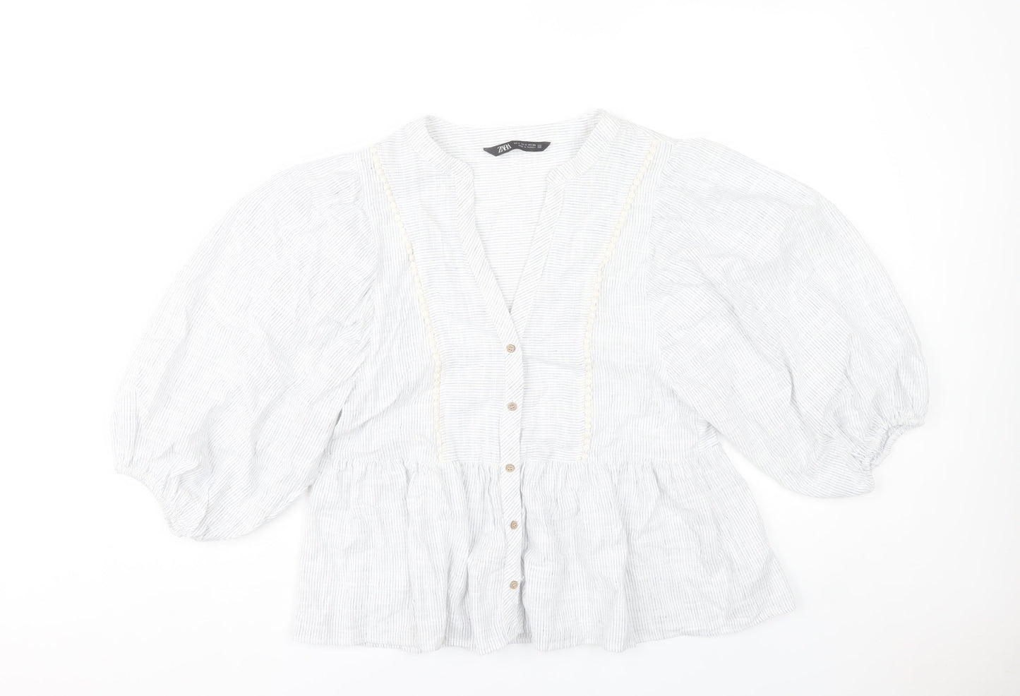 Zara Women White Striped Puff Sleeve Tunic Blouse Size S