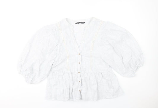 Zara Women White Striped Puff Sleeve Tunic Blouse Size S