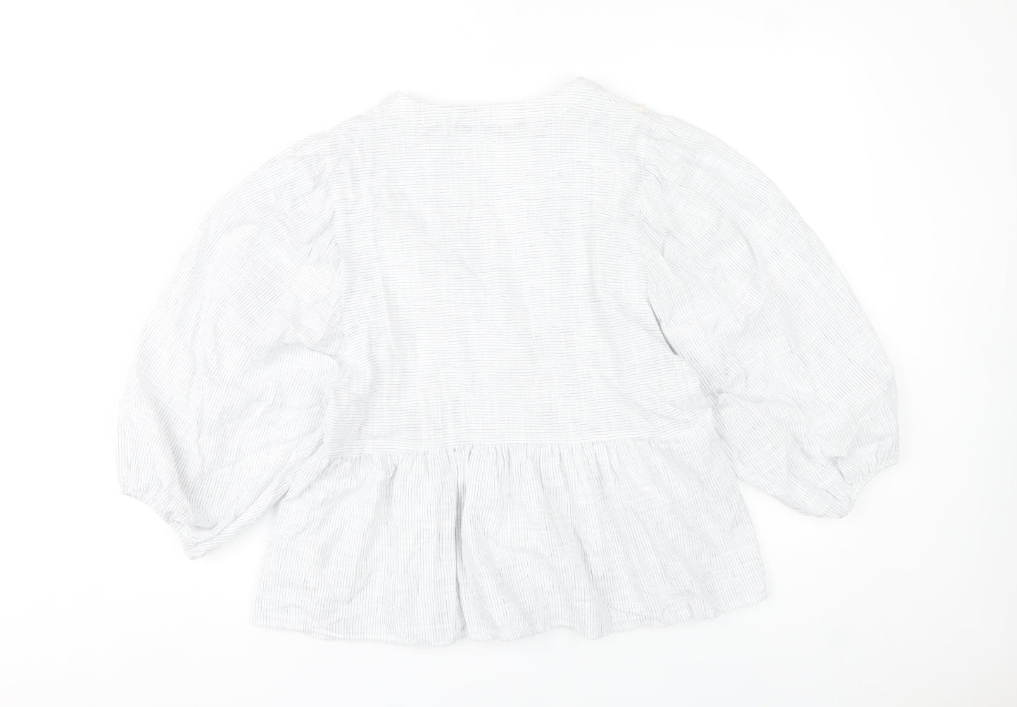 Zara Women White Striped Puff Sleeve Tunic Blouse Size S