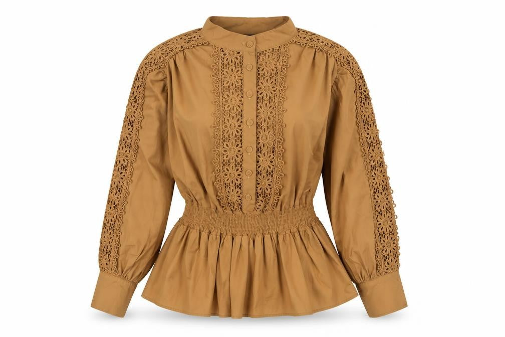 Faina Women’s Brown Lace Detail Tunic Blouse Size M Long Sleeve