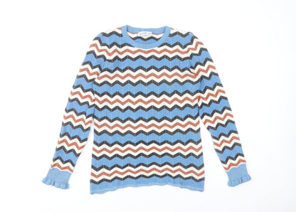 Additional front view of Gallery women’s blue retro geometric knit jumper, size UK 8