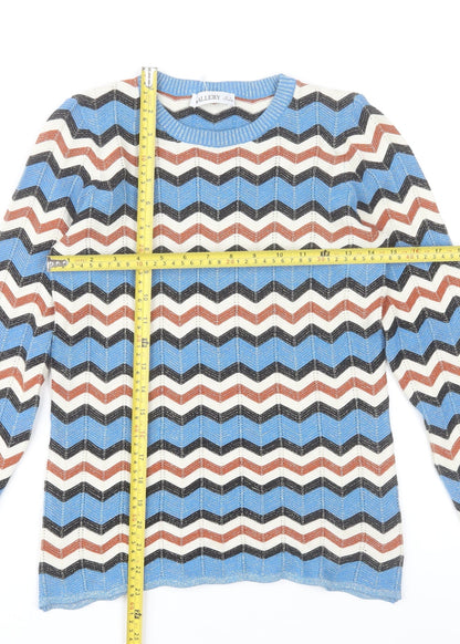 Back view of Gallery women’s blue retro geometric knit jumper, size UK 8