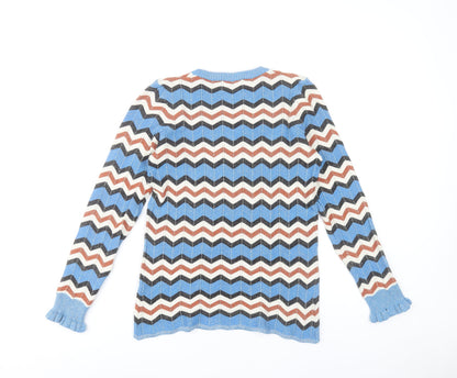 Close-up detail of Gallery women’s blue retro geometric knit jumper, size UK 8