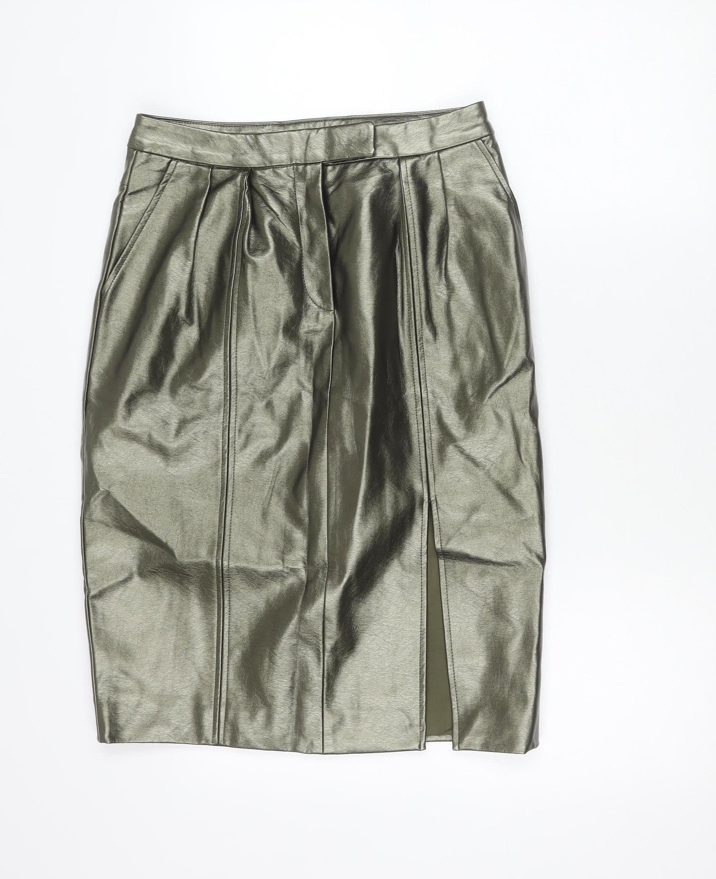 ICHI Women’s Silver Faux Leather Pencil Skirt Size 10