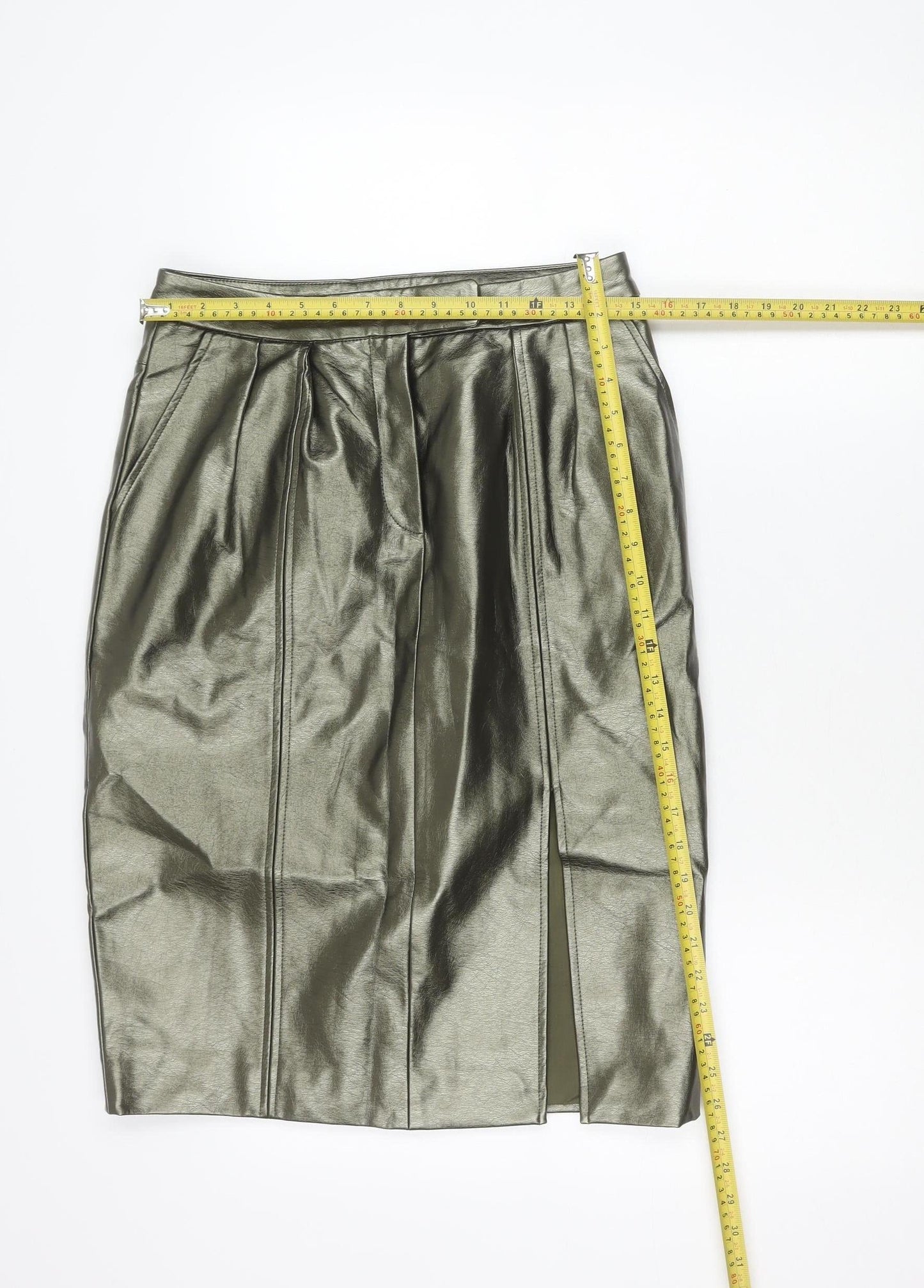 ICHI Women’s Silver Faux Leather Pencil Skirt Size 10