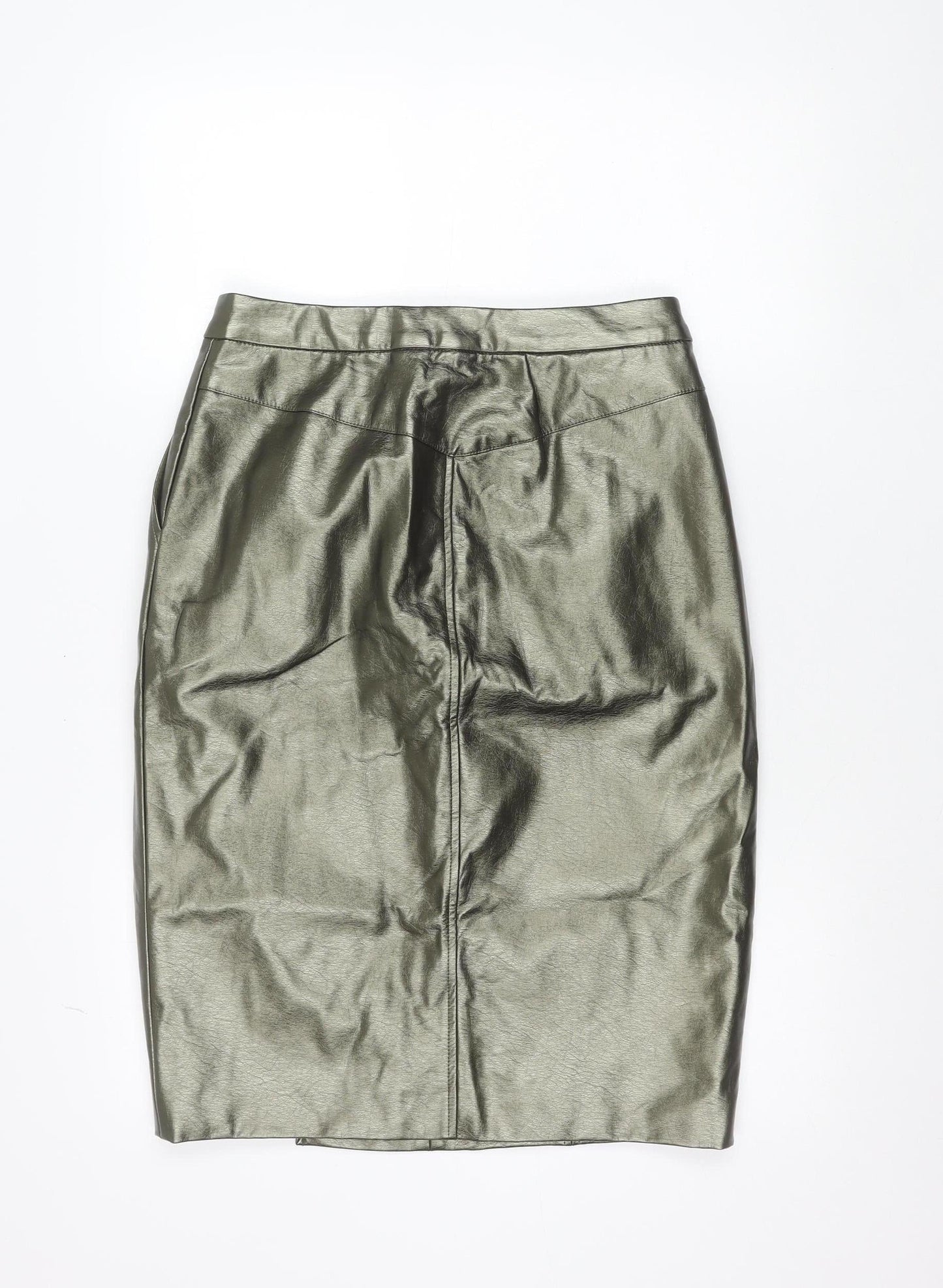 ICHI Women’s Silver Faux Leather Pencil Skirt Size 10