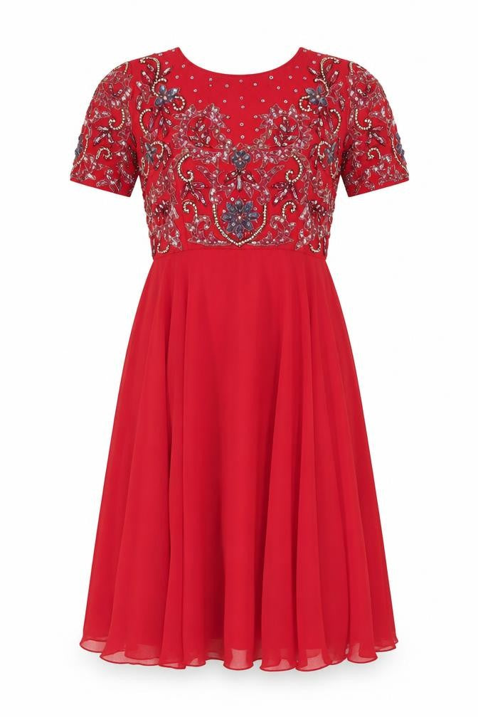 Amber Women's Red Beaded Embellished A-Line Midi Dress M