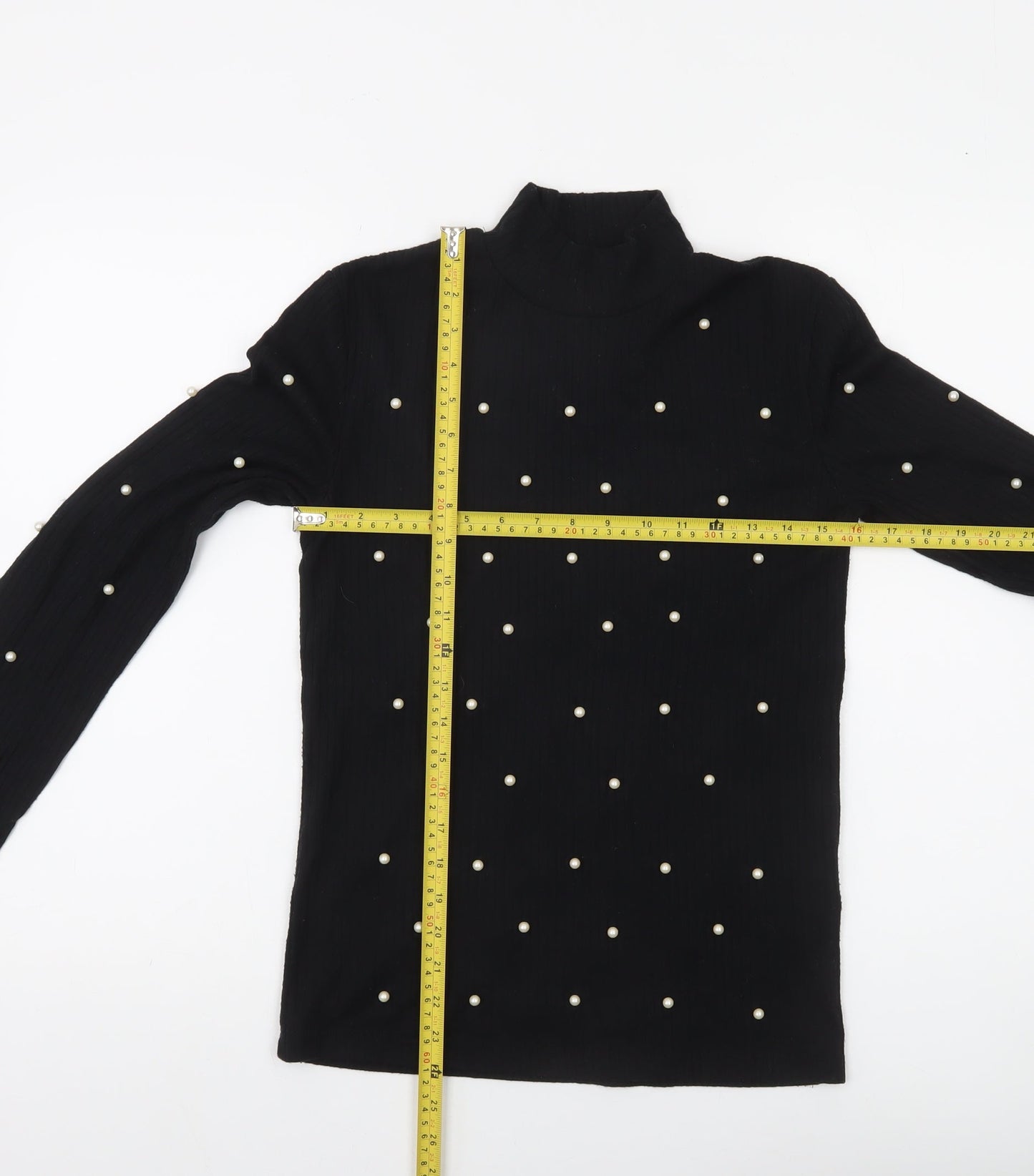 Stradivarius Women Black Beaded Mock Neck Long Sleeve Blouse Size 14