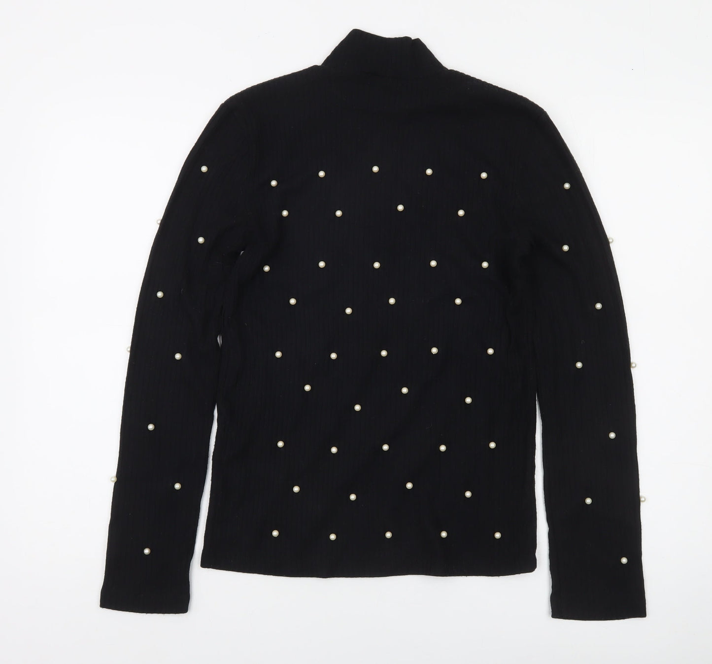 Stradivarius Women Black Beaded Mock Neck Long Sleeve Blouse Size 14